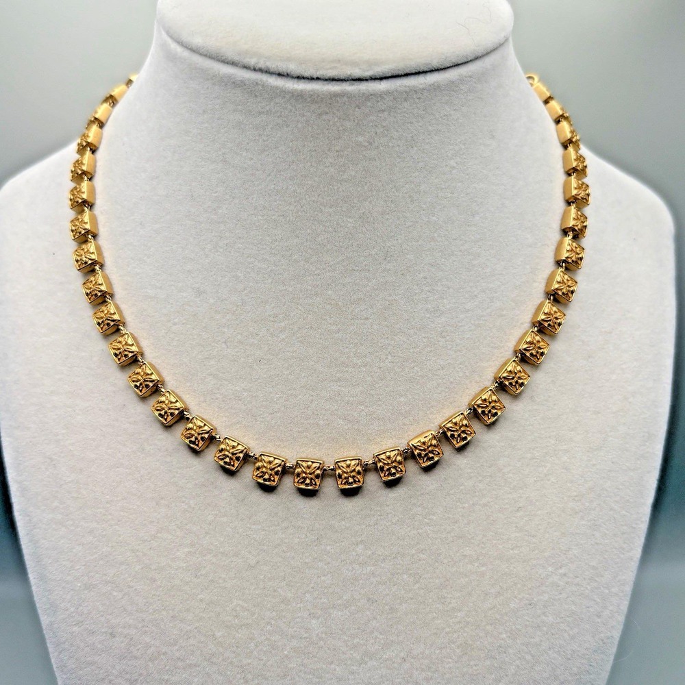 Vintage Napier Collar Necklace Gold Tone Dotted Squares Flowers Mini Squares 15"